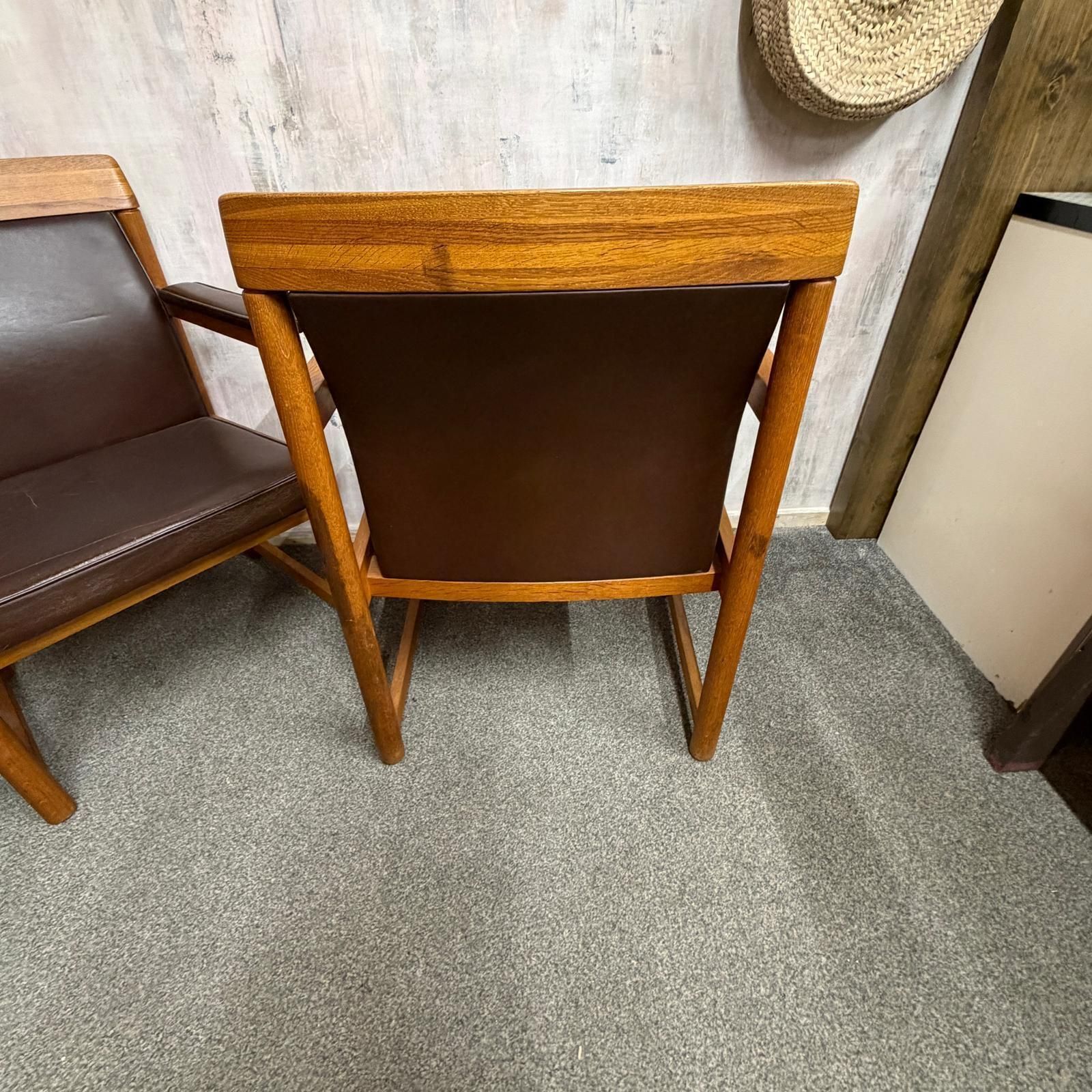 Set 3 Ferd. Lundquist 1970’s Mid Century Swedish Oak And Faux Leather Armchairs photo 799.0
