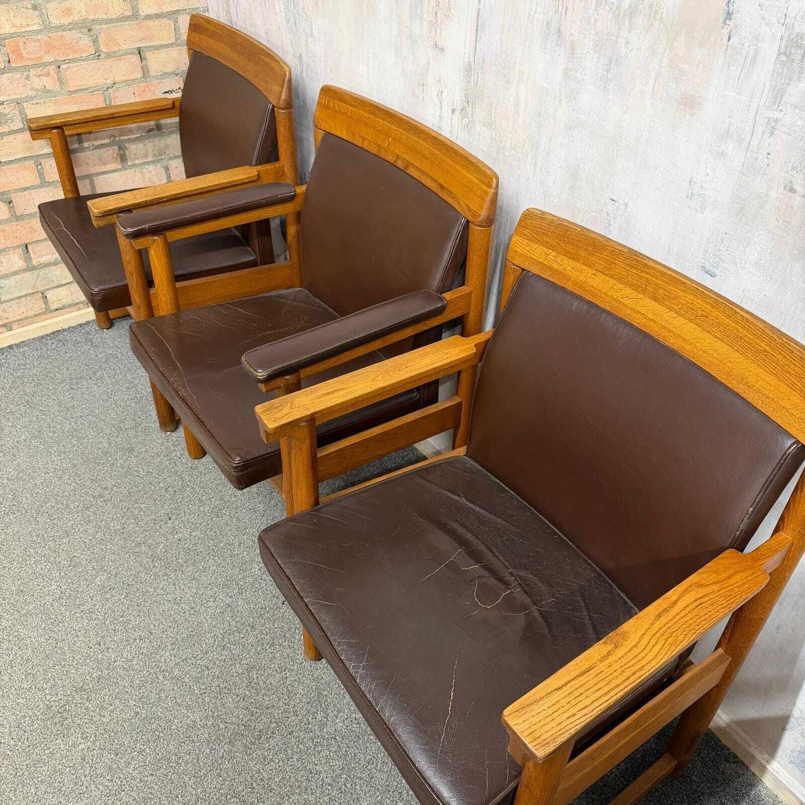 photo vintage Set 3 Ferd. Lundquist 1970’s Mid Century Swedish Oak And Faux Leather Armchairs