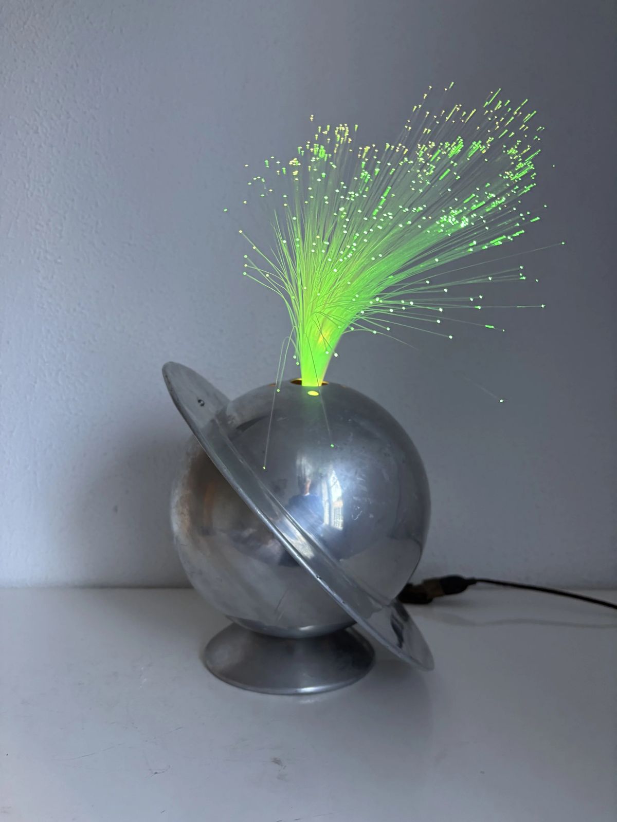 Rare French Fiber Optic Lamp "La Sphérique" — Multicolor Rotating Disc — Aluminum Globe — Vintage 1970s Space Age photo Lighting