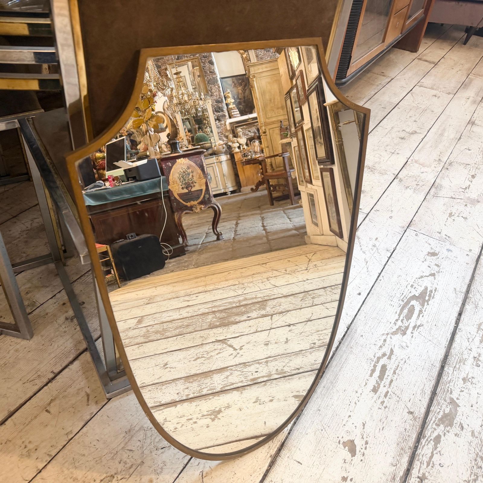 1950s Gio Ponti Style Mid Century Modern Brass Shield Italian Wall Mirror photo furniture