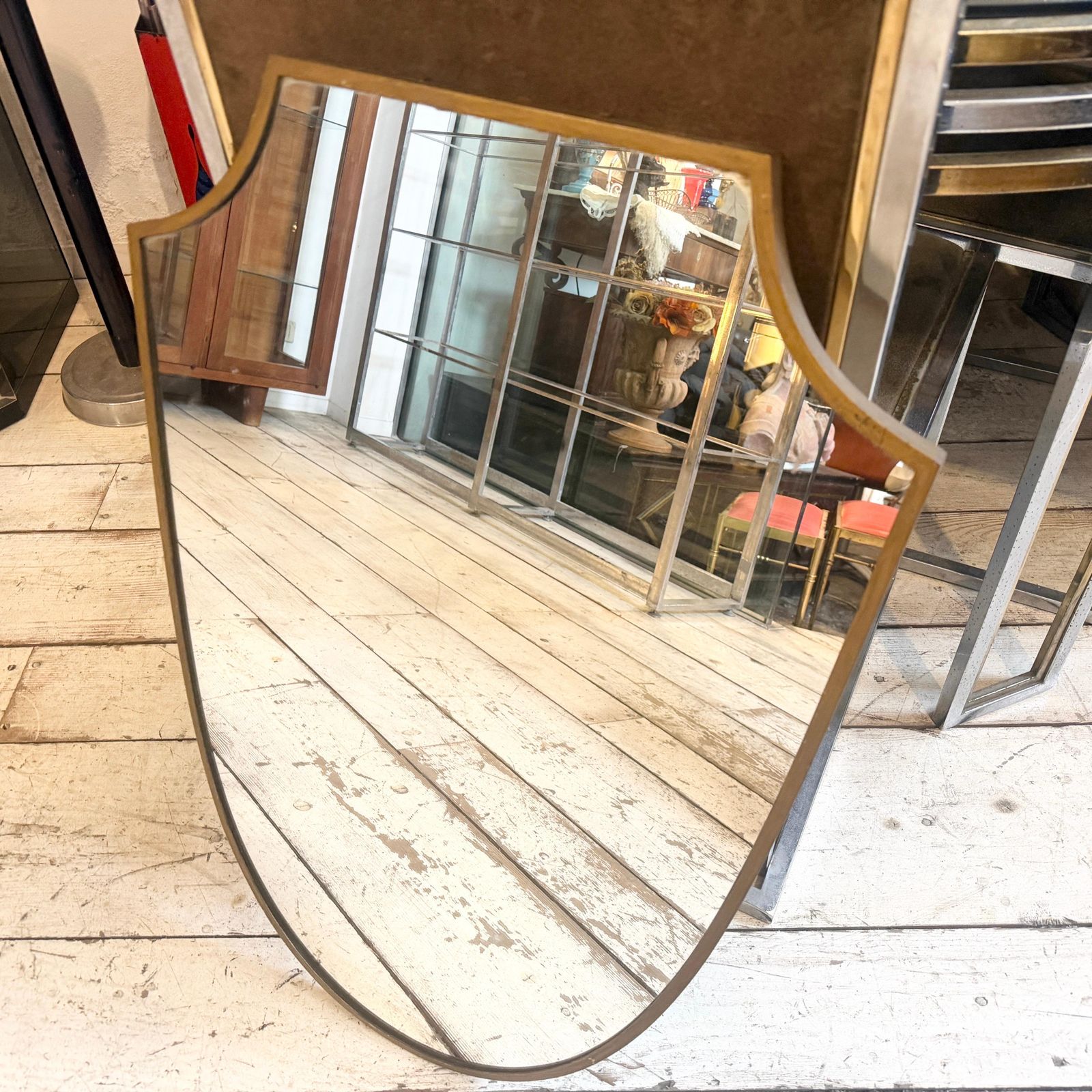 1530.0 1950s Gio Ponti Style Mid Century Modern Brass Shield Italian Wall Mirror photo