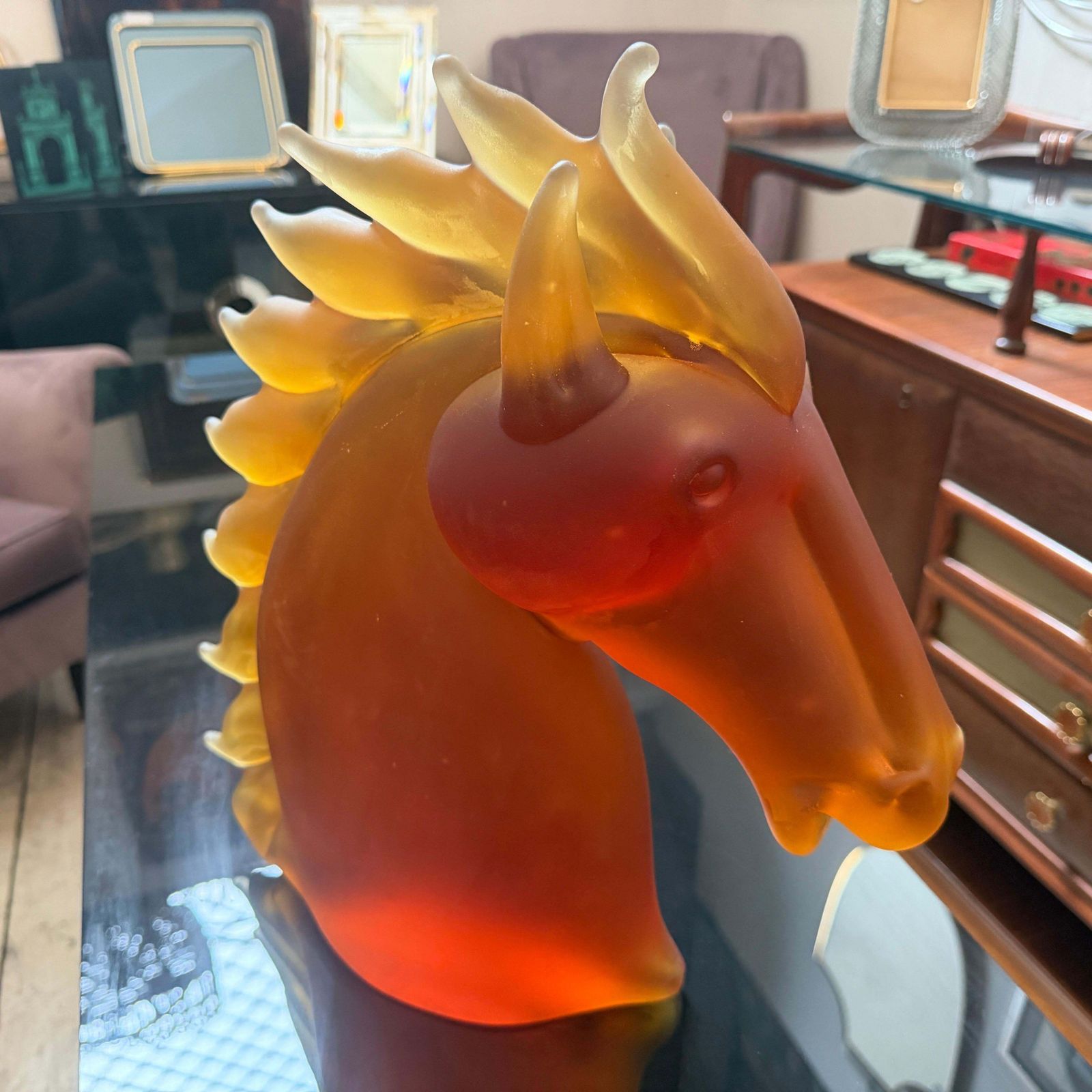 1990s Modern Amber And Brown Heavy Murano Glass Sculpture Of An Horse Head photo furniture