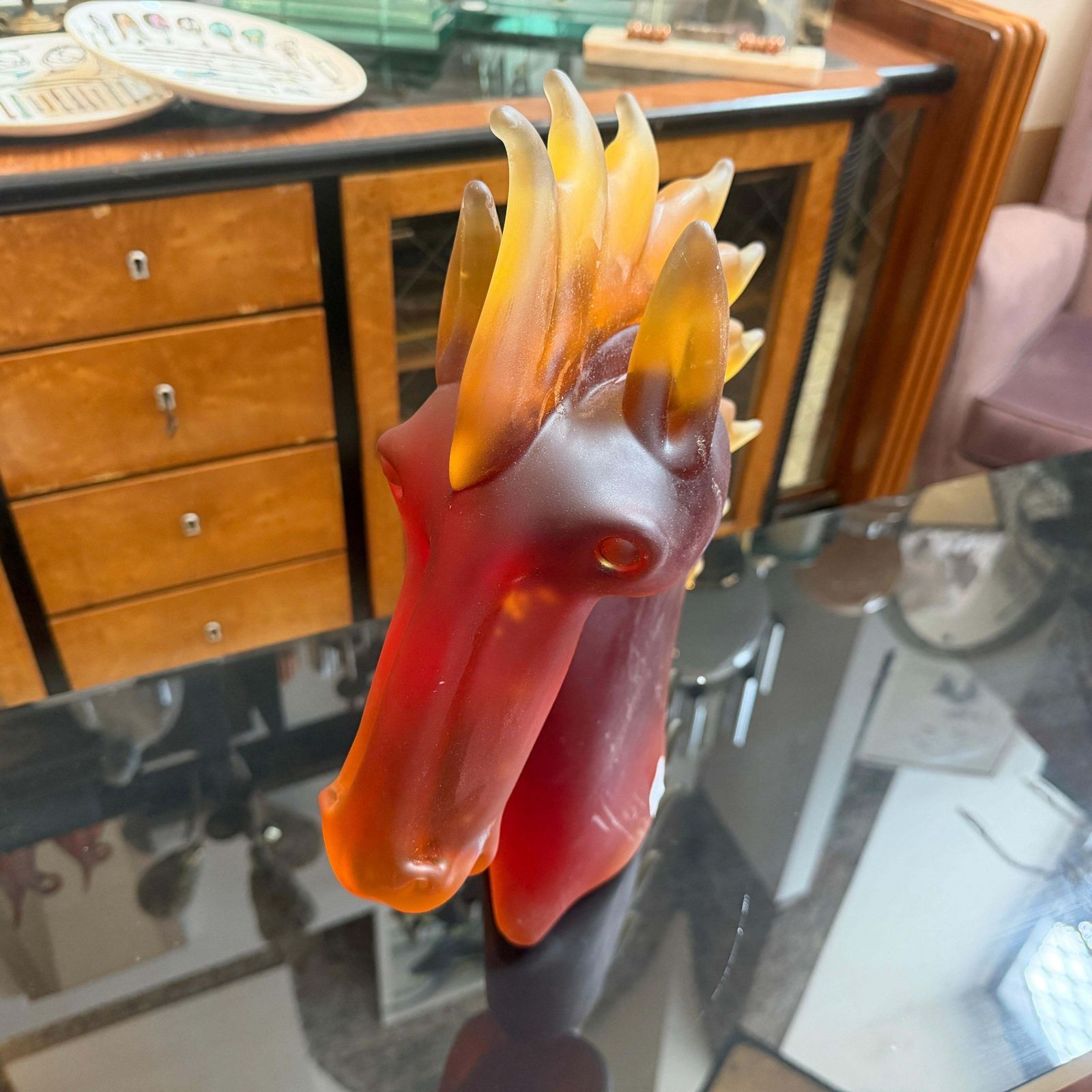 1990s Modern Amber And Brown Heavy Murano Glass Sculpture Of An Horse Head photo vinterior
