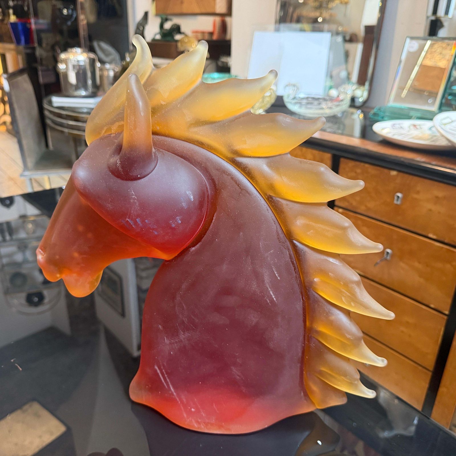 photo furniture 1990s Modern Amber And Brown Heavy Murano Glass Sculpture Of An Horse Head