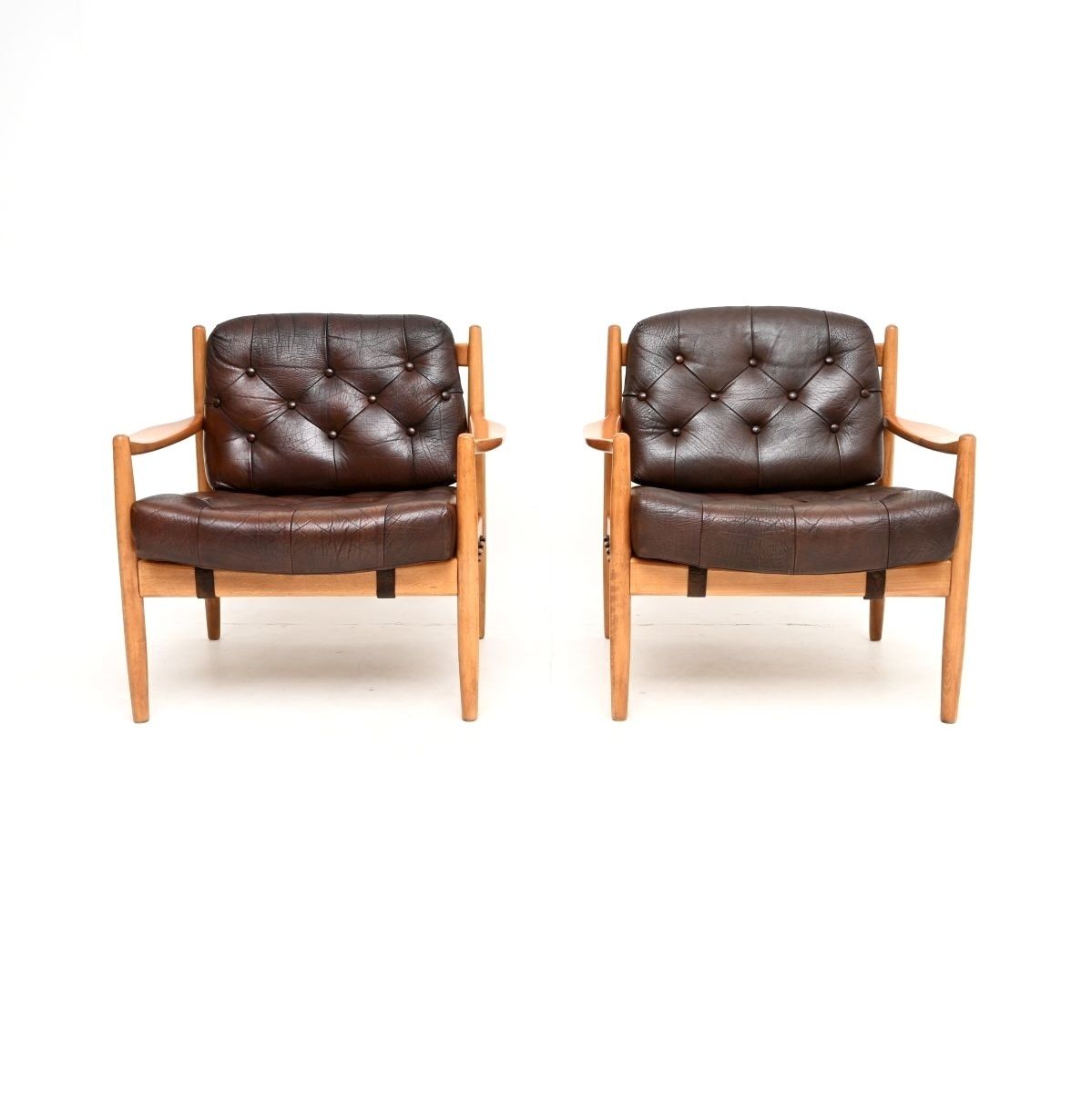 Pair Of Swedish Vintage Leather And Birch Armchairs By Ingemar Thillmark For Ope photo furniture