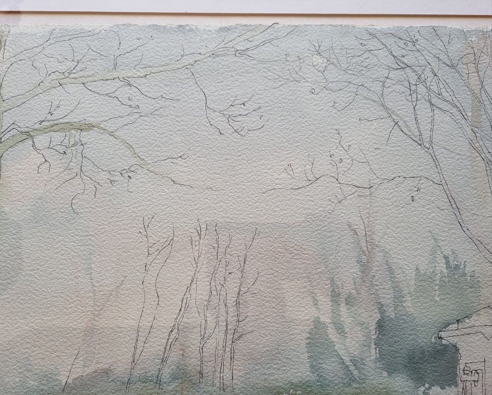Large Framed Vintage Pen & Wash Painting Trees Landscape 'Mists' Audrey M Smith photo vinterior