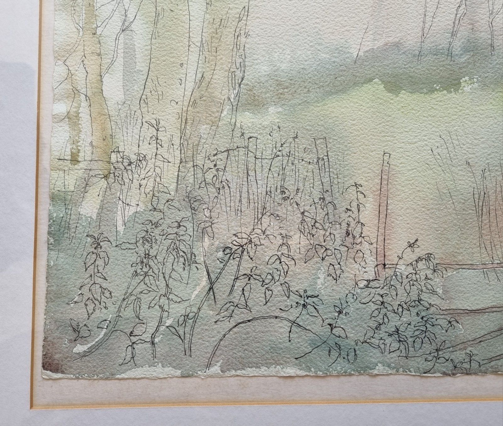 photo for sale Large Framed Vintage Pen & Wash Painting Trees Landscape 'Mists' Audrey M Smith