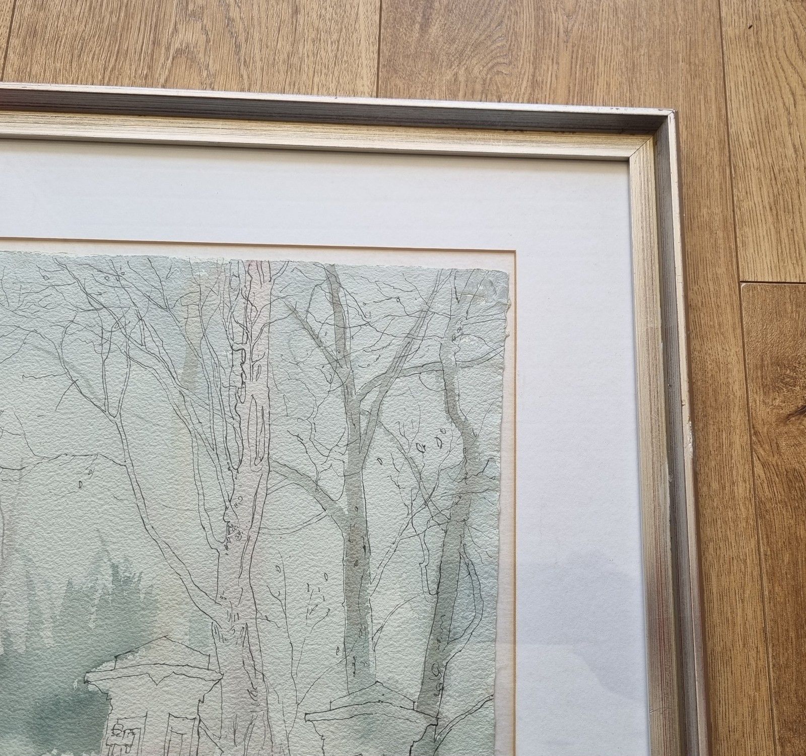 photo vinterior Large Framed Vintage Pen & Wash Painting Trees Landscape 'Mists' Audrey M Smith