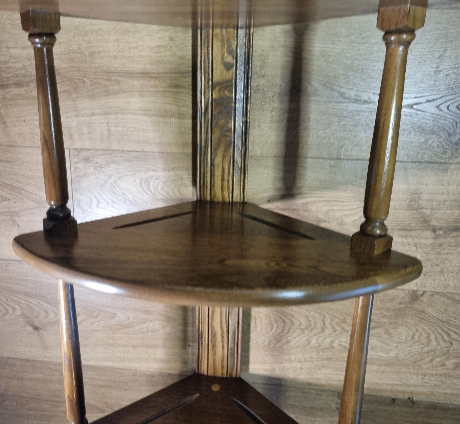Ercol 3 Tier Corner Shelf Wall Hanging Golden Dawn Elm Wooden Display What Not photo for sale
