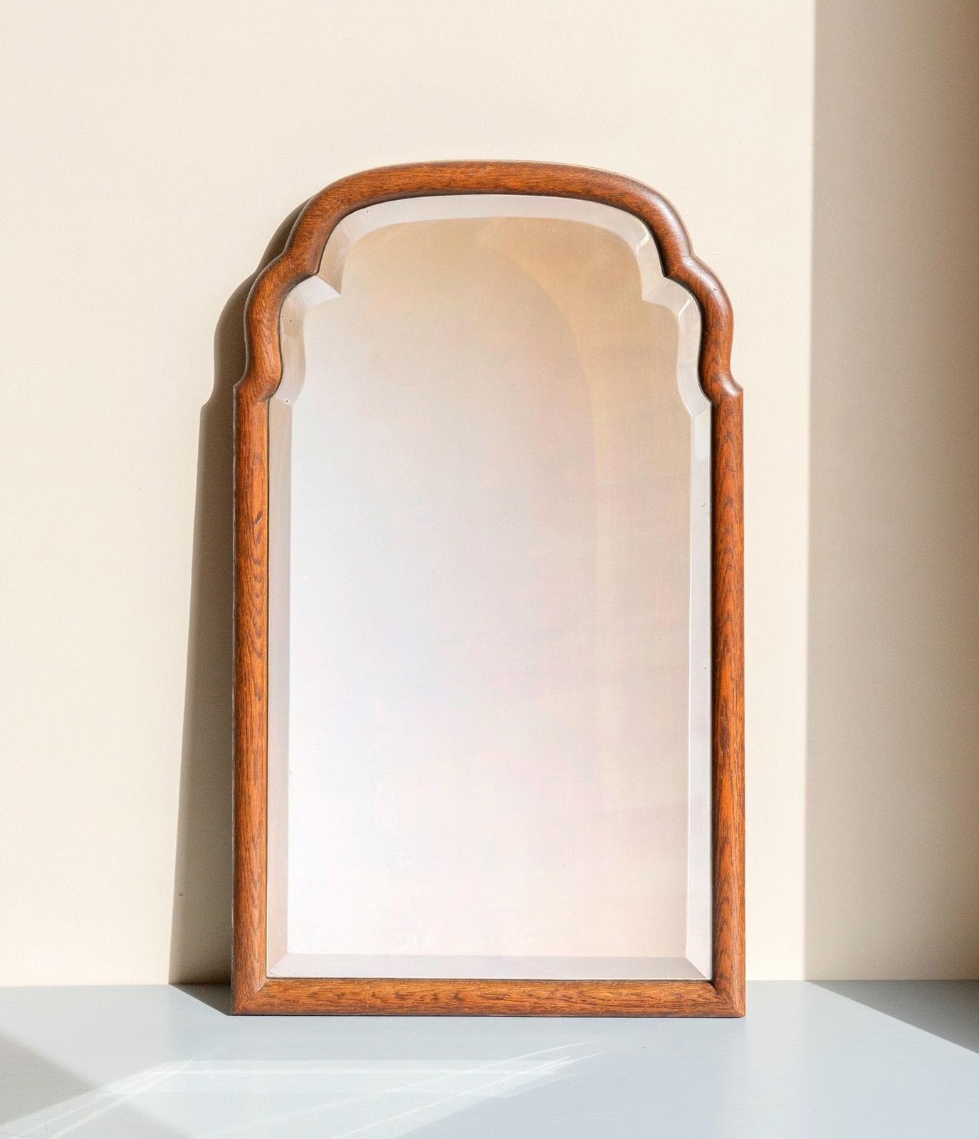 Antique Oak Mirror With Beveled Glass   Scalloped Frame   Large Curved Wooden Wall Mirror