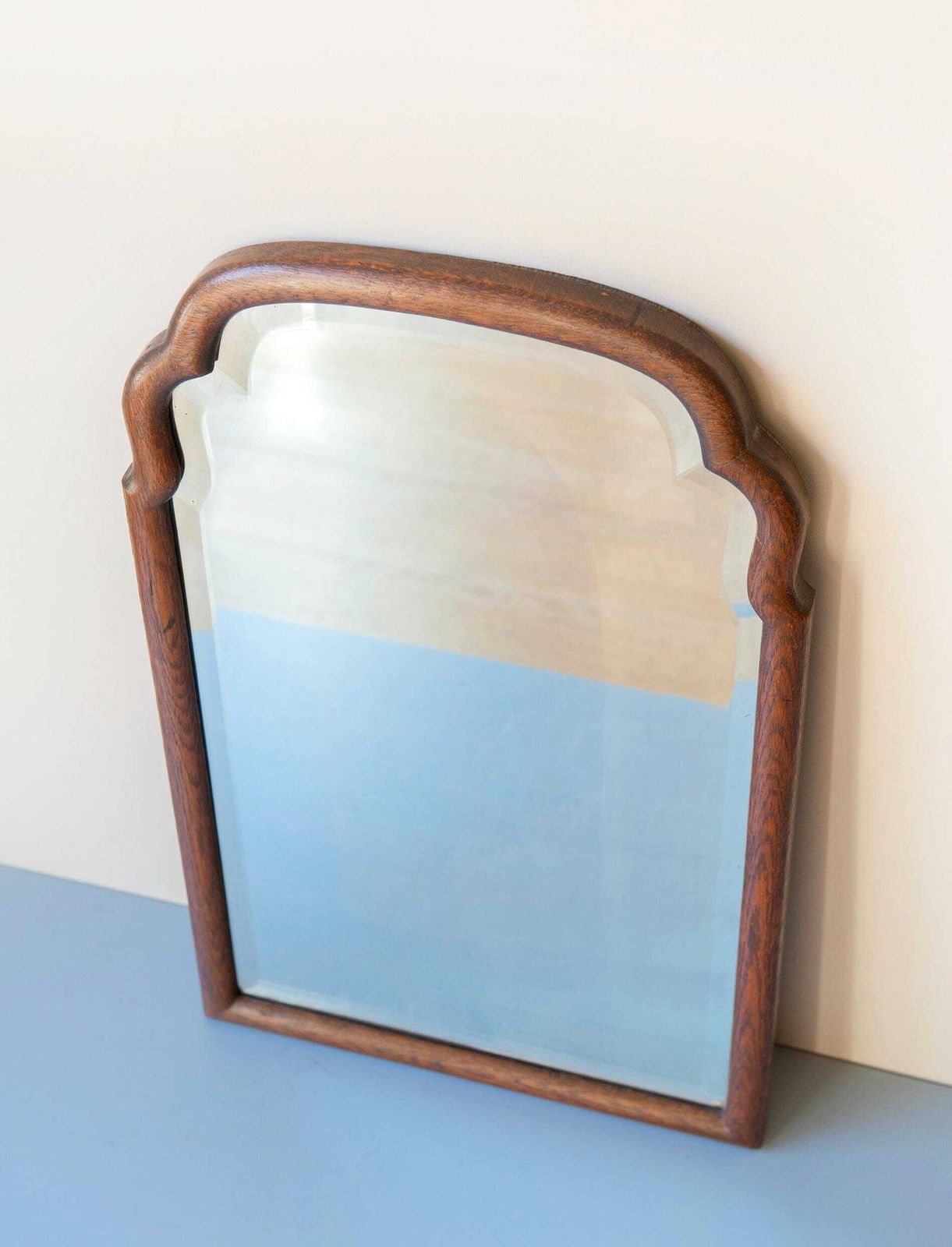 Antique Oak Mirror With Beveled Glass   Scalloped Frame   Large Curved Wooden Wall Mirror photo vintage