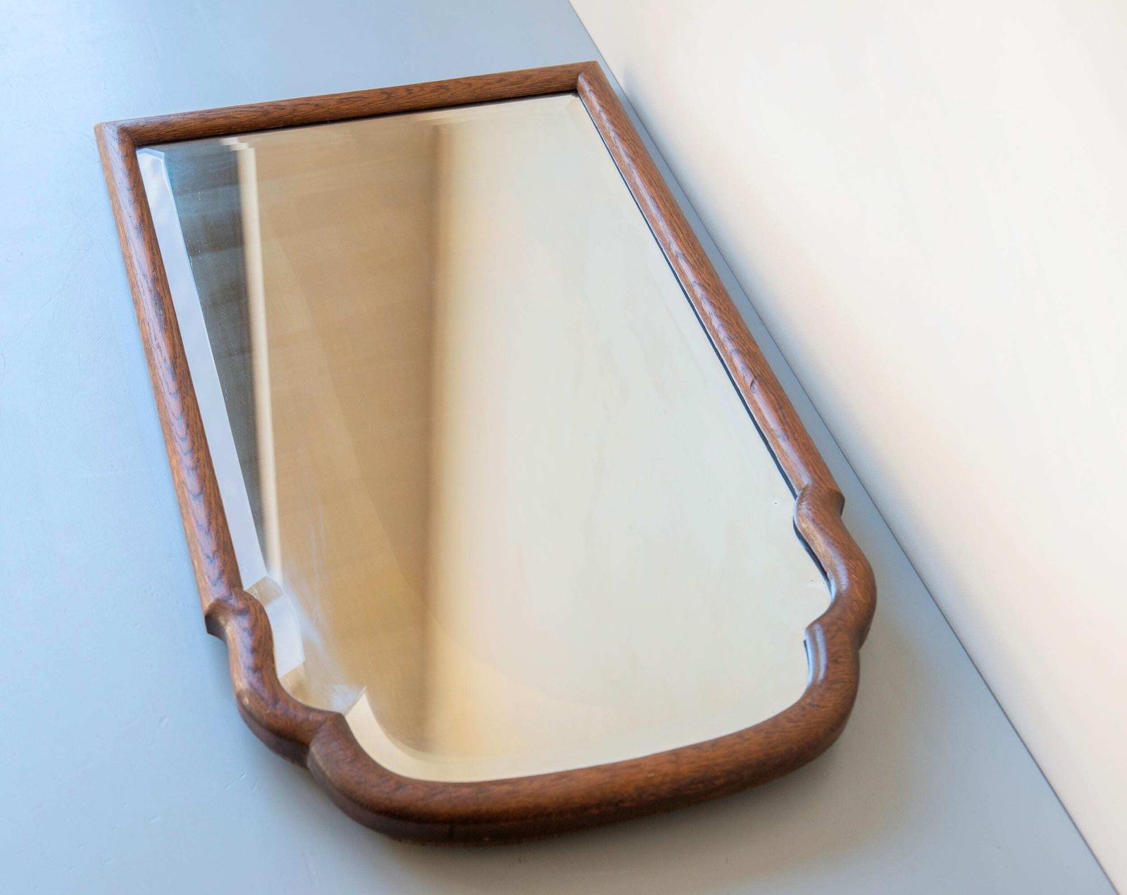 photo vintage Antique Oak Mirror With Beveled Glass   Scalloped Frame   Large Curved Wooden Wall Mirror