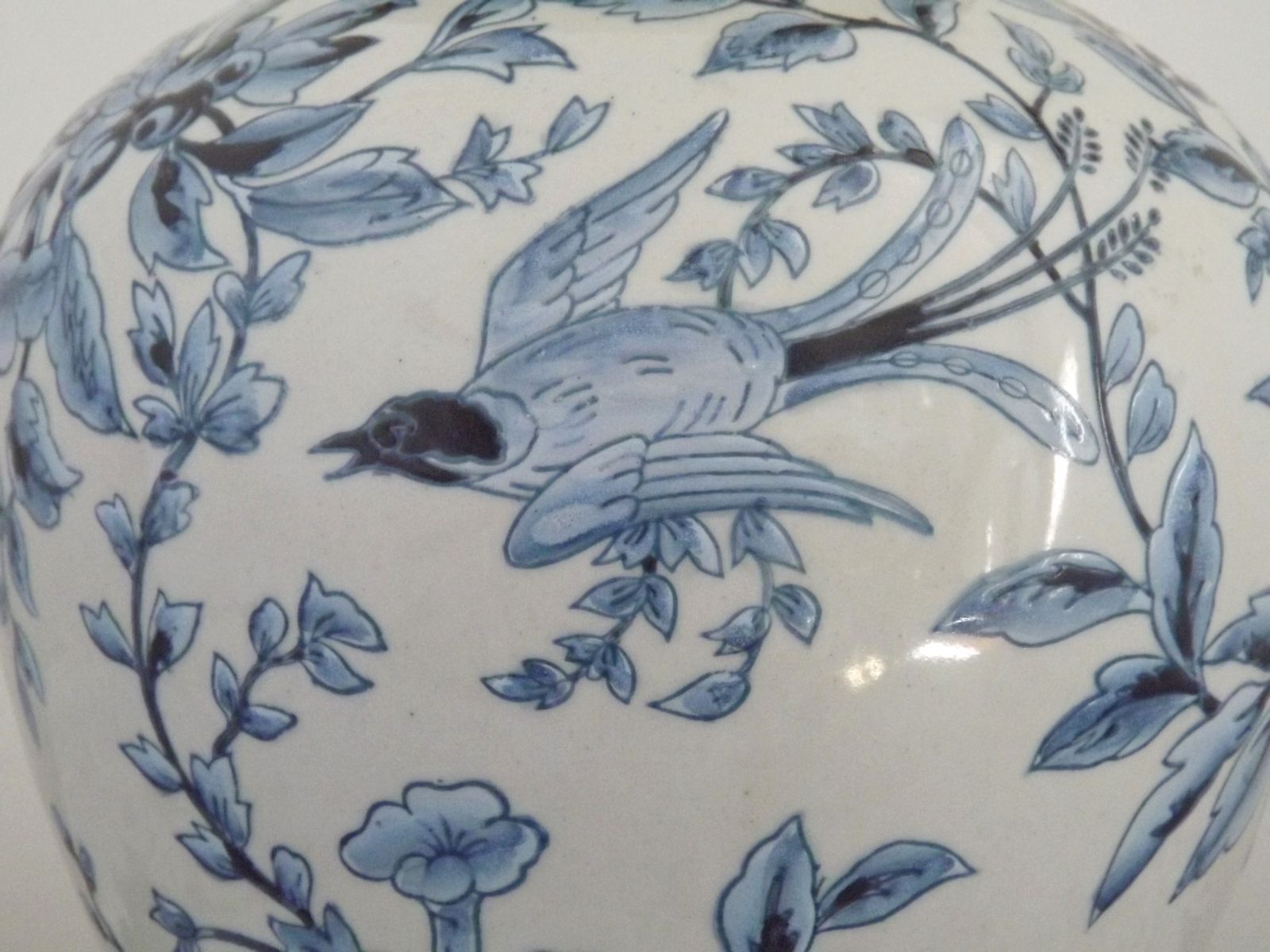 187.0 Blue & White Chinoiserie Ginger Jar Table Lamp Raised Bird & Floral Motif photo
