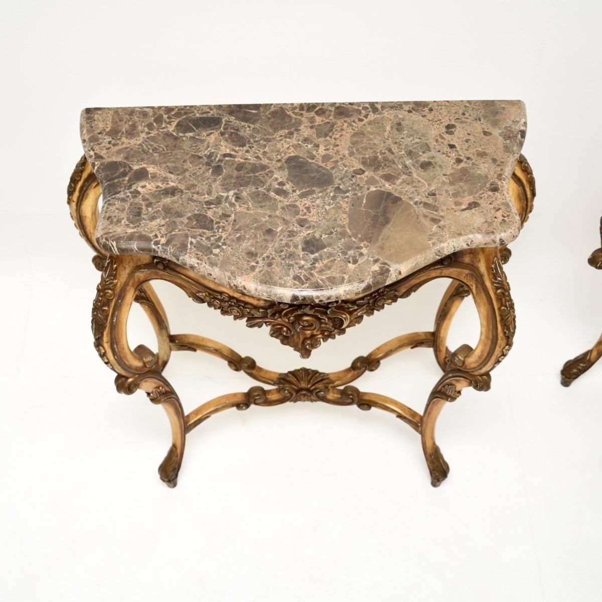 Pair Of Antique French Gilt Wood Marble Top Console Tables photo for sale