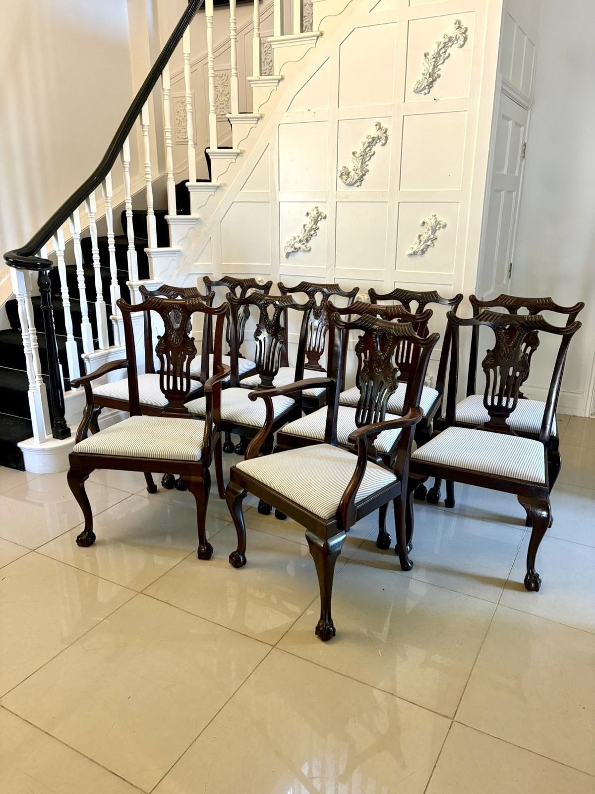 Antique Set Of 10 Irish Mid 19th Century Carved Mahogany Dining Chairs Carvers Ball & Claw Feet photo Furniture