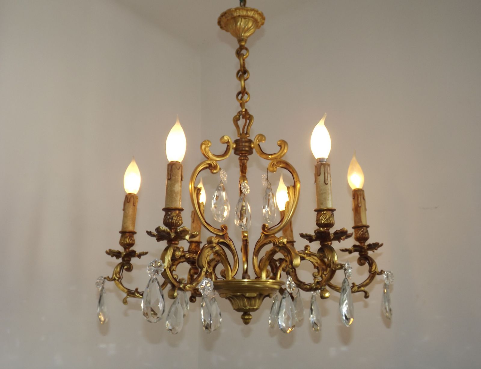 Grand lustre à cage Art Nouveau en laiton et cristal à 6 lumières, France photo for sale