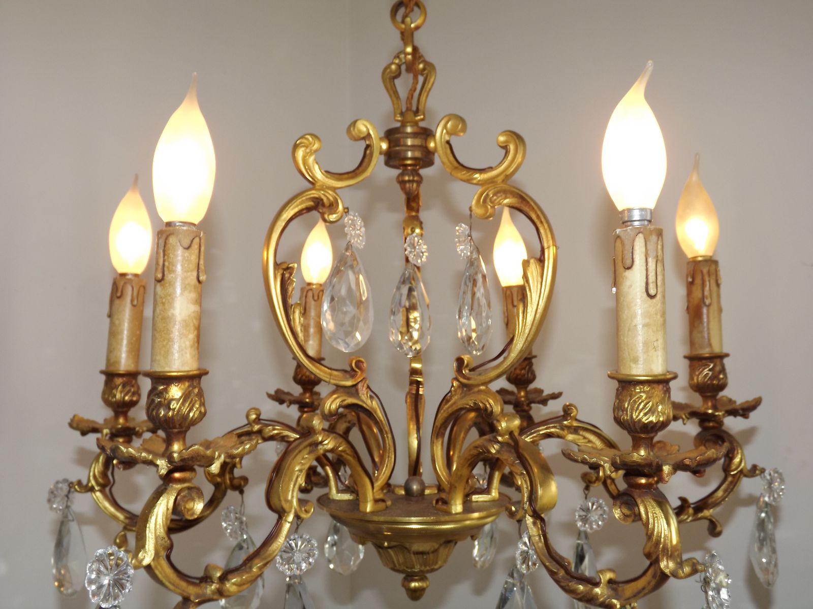 Grand lustre à cage Art Nouveau en laiton et cristal à 6 lumières, France photo vinterior