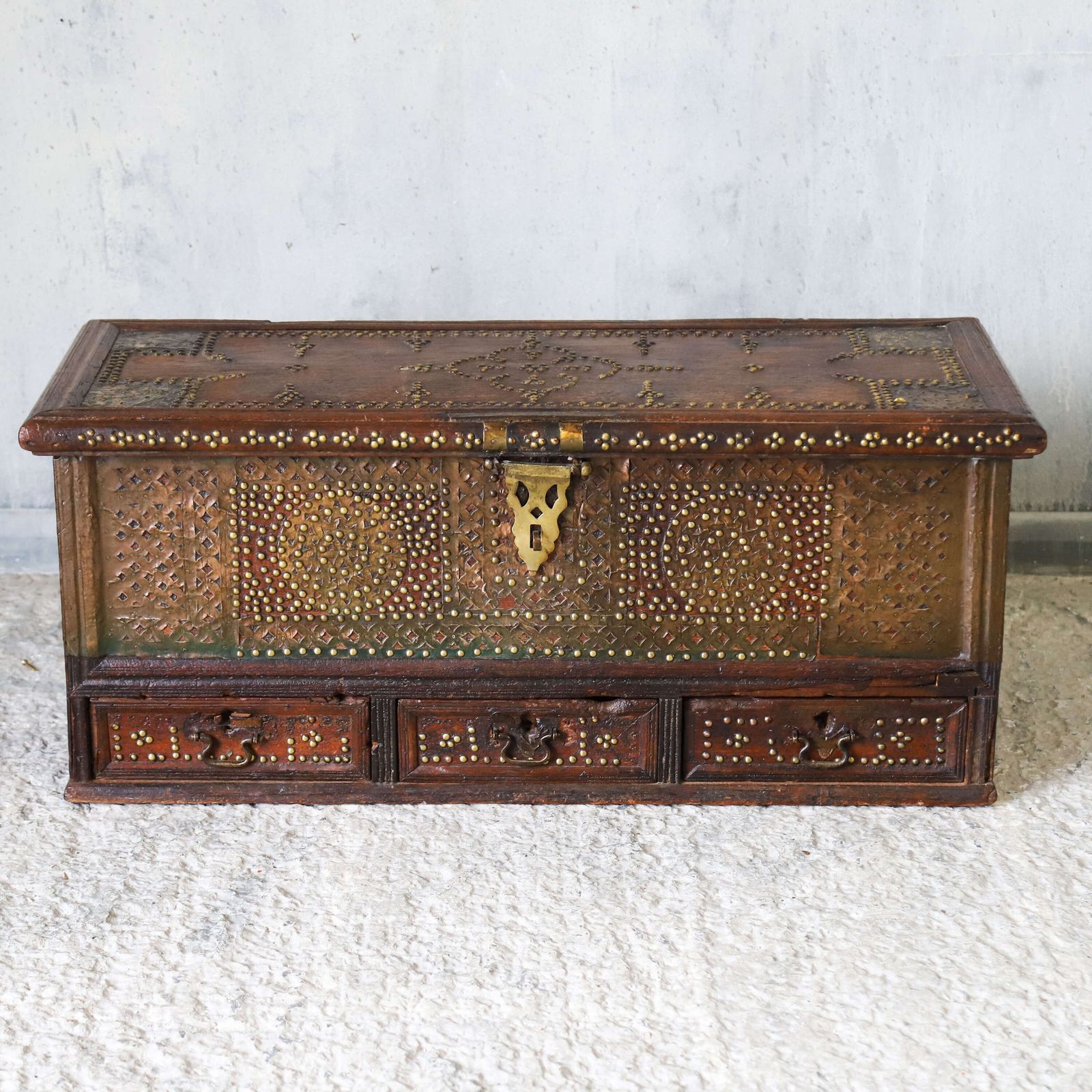 Antique Zanzibar Chest With Brass Studwork, Drawers & Candle Box – 19th Century Teak photo furniture