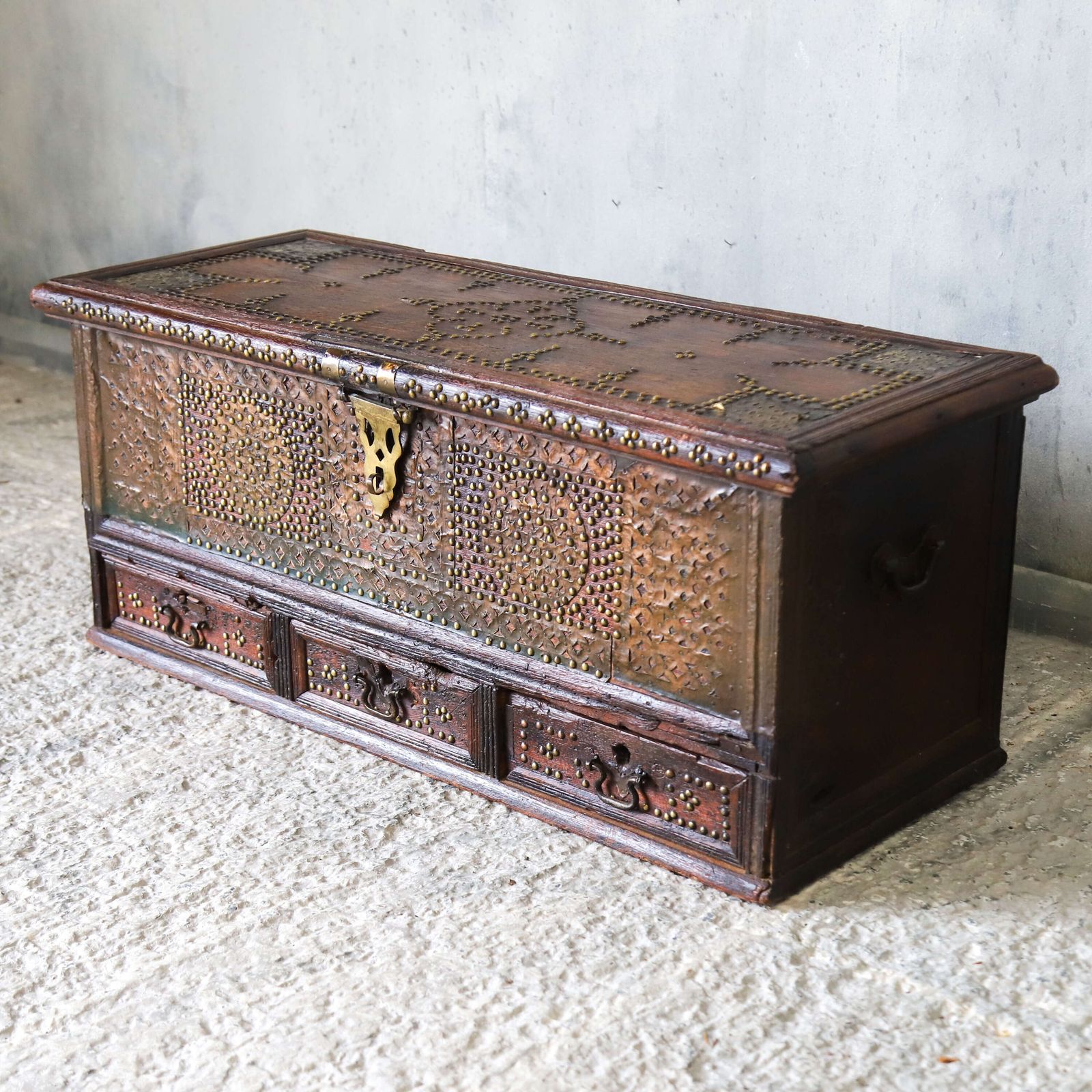 Antique Zanzibar Chest With Brass Studwork, Drawers & Candle Box – 19th Century Teak photo for sale