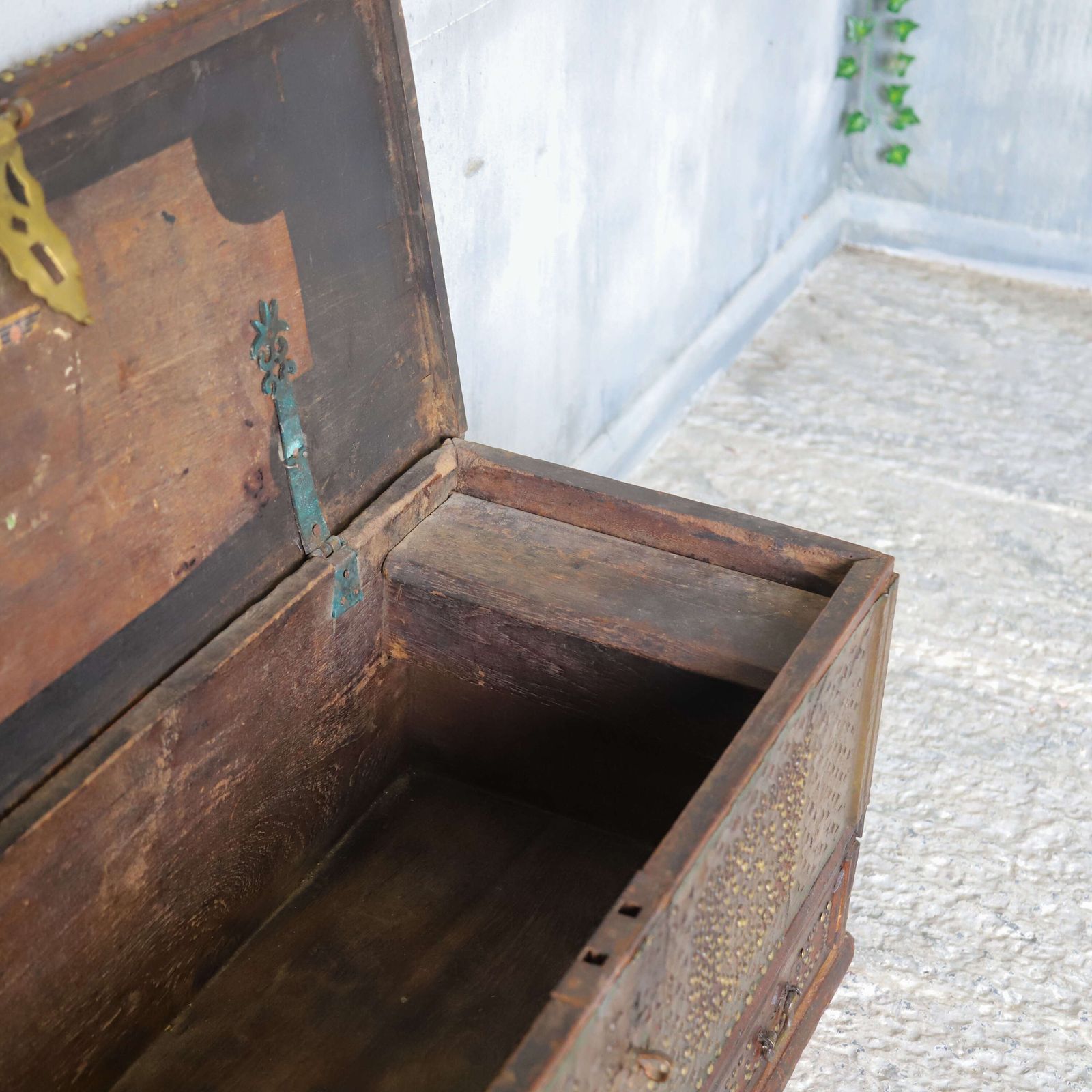 photo for sale Antique Zanzibar Chest With Brass Studwork, Drawers & Candle Box – 19th Century Teak