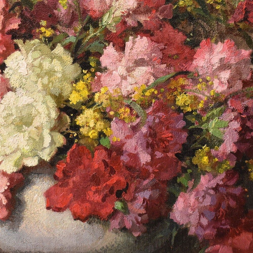 Art Deco Still Life Painting, Flowers, Carnations And Mimosas, Oil On Canvas, XX. (Qf735) photo 3800.0