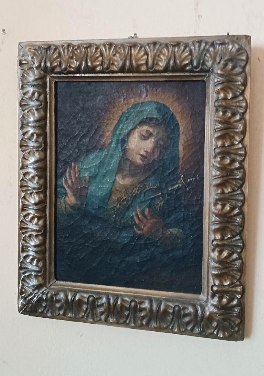 Antique Oil Painting On Canvas "Our Lady Of Sorrows" photo furniture