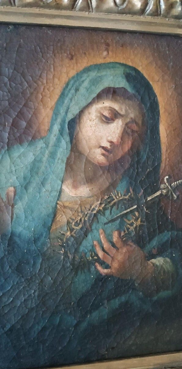 Antique Oil Painting On Canvas "Our Lady Of Sorrows" photo Art
