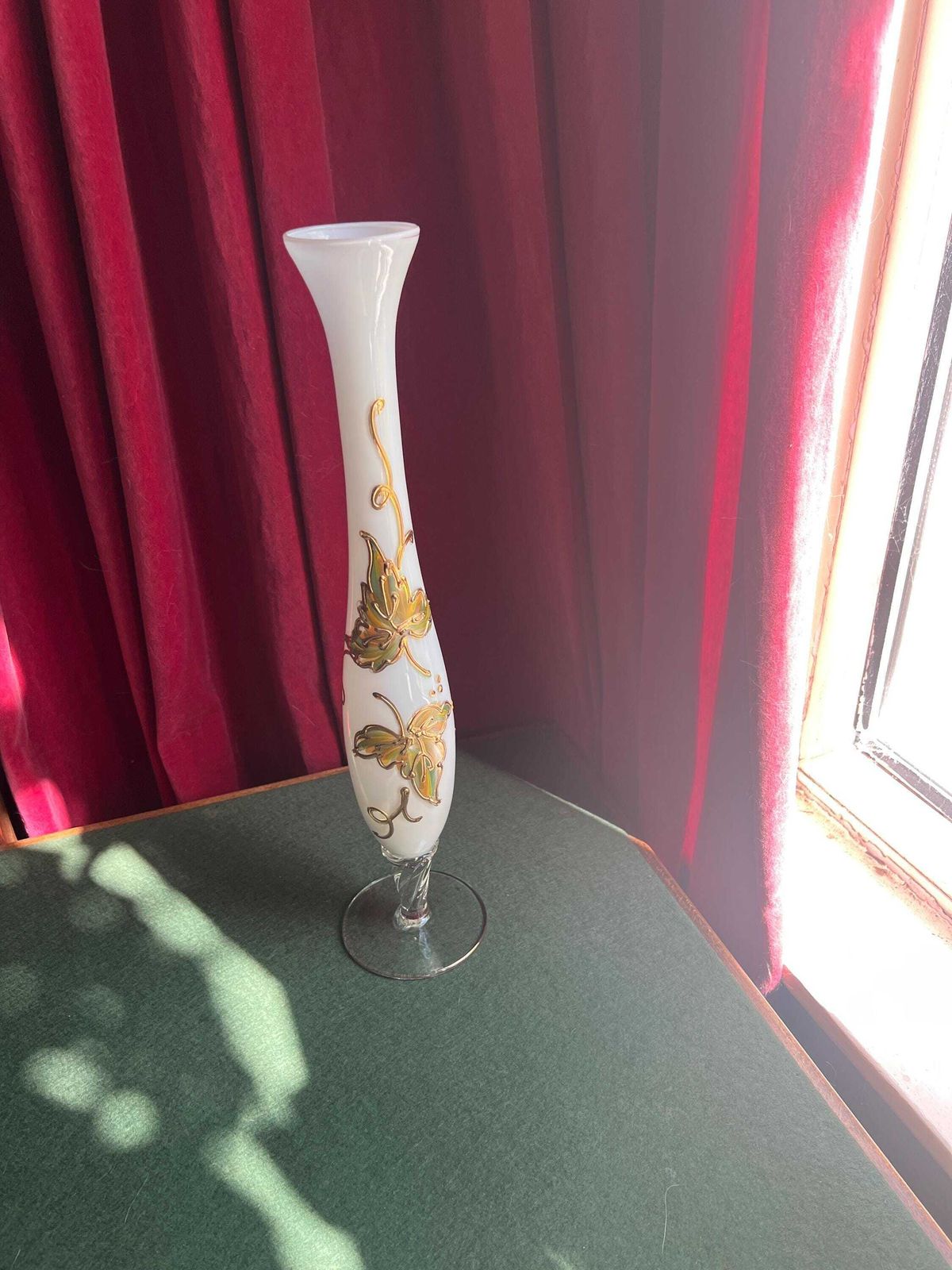 Victorian Opaline Glass Vase. Hand Painted Gilt Golden Leaf Decor. Victoriana Collectors Gift.