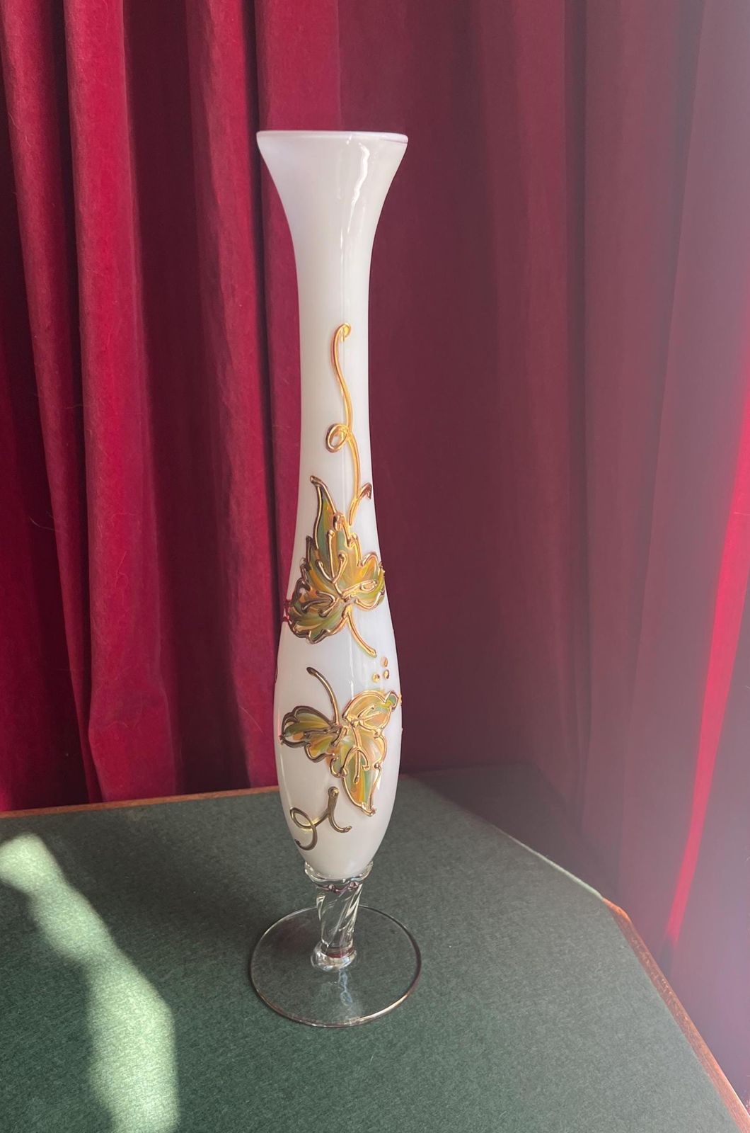 Victorian Opaline Glass Vase. Hand Painted Gilt Golden Leaf Decor. Victoriana Collectors Gift. photo furniture