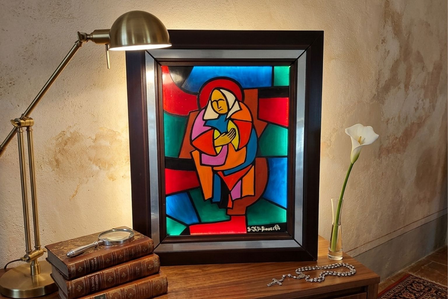 Opera Originale "Madonna" – S.F. Di Biase, 1974 – Smalto Su Vetro