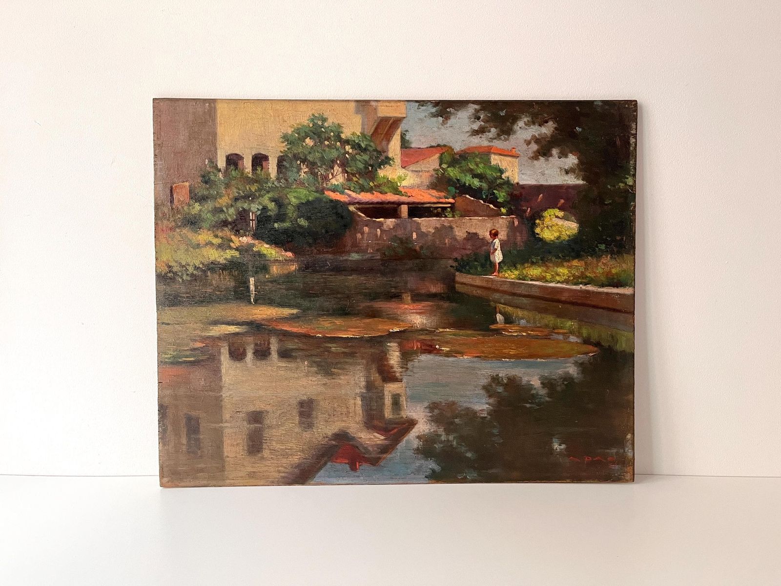 Original Oil On Panel "Soul Reflections" From 1926's, Painting Of A French Southern Landscape, Antique Genre Scene