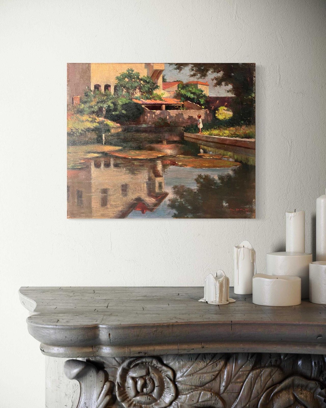 Original Oil On Panel "Soul Reflections" From 1926's, Painting Of A French Southern Landscape, Antique Genre Scene photo for sale