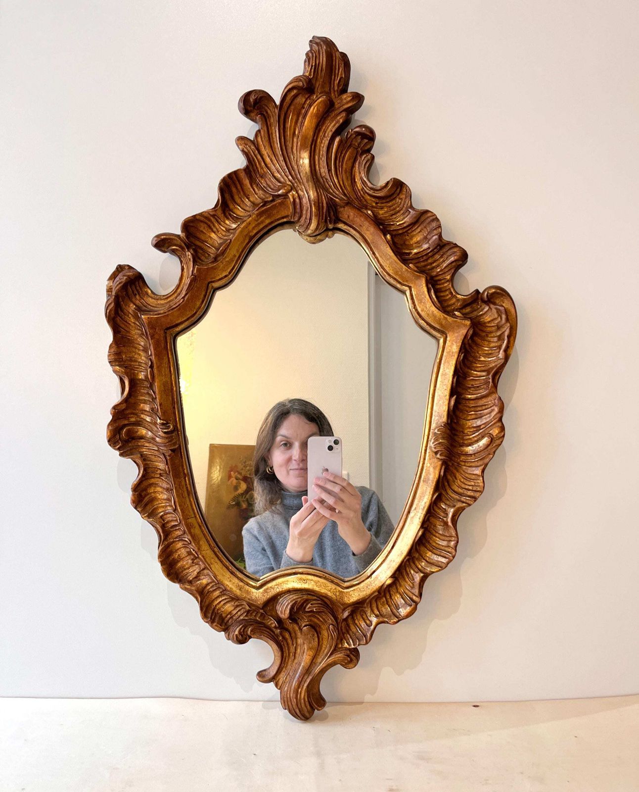 Antique Rococo Mirror In Wood And Gilded Stucco Circa 1920, Louis XV Style Mirror 27 X 17 In