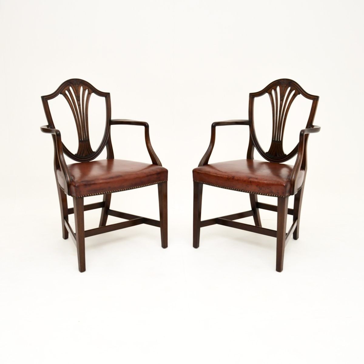 Pair Of Antique Mahogany And Leather Carver Armchairs