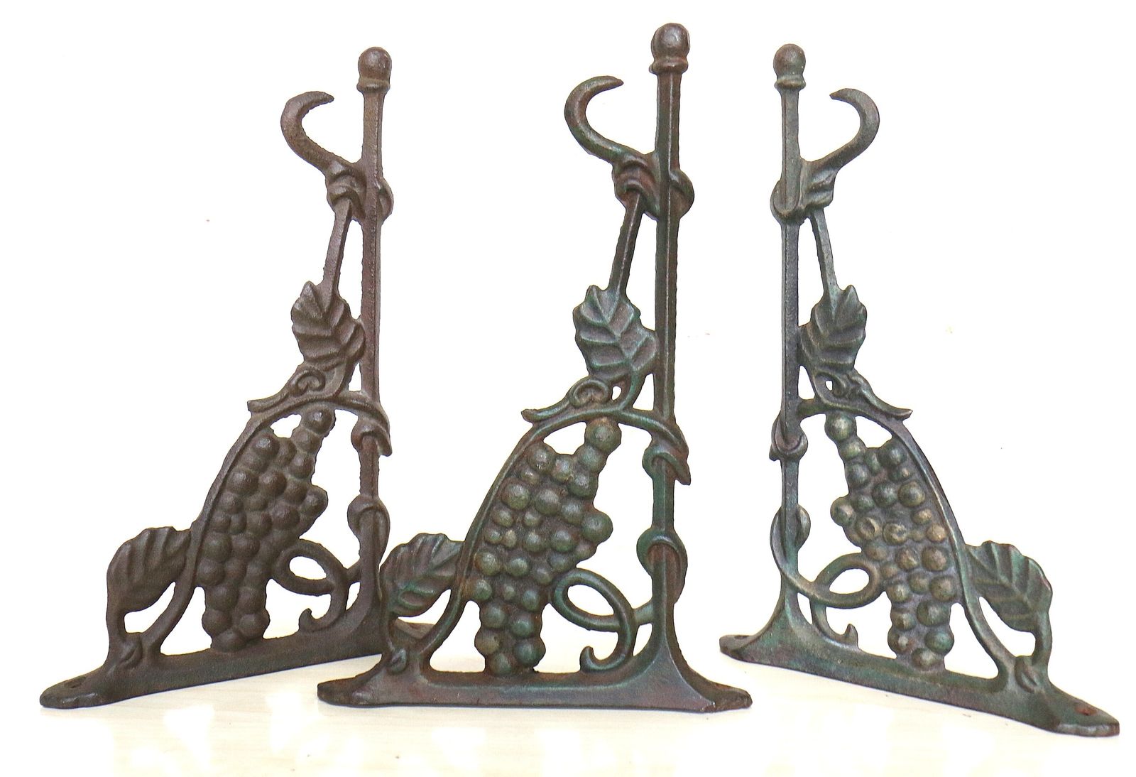 Three Vintage French Hanging Basket Bracket Hooks Vineyard Themed Cast Iron