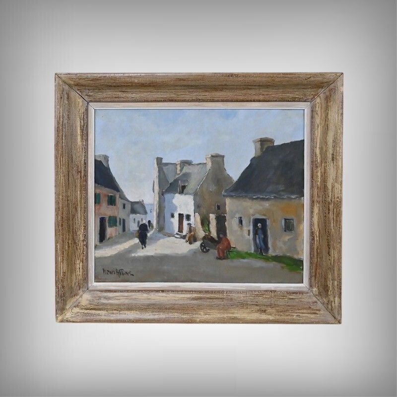 Painting "Village Scene", Oil On Canvas, Signed H. Albert – First Half Of The 20th Century