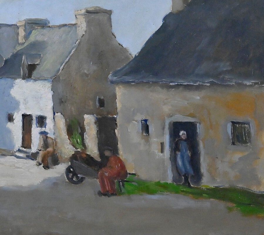 Painting "Village Scene", Oil On Canvas, Signed H. Albert – First Half Of The 20th Century photo vintage