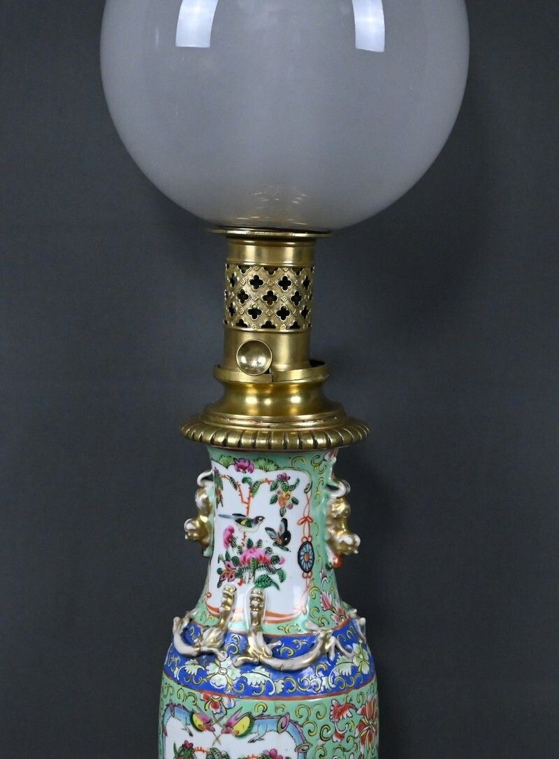 photo buy Canton Porcelain & Bronze Oil Lamp, Qing Dynasty, China – Late 19th Century