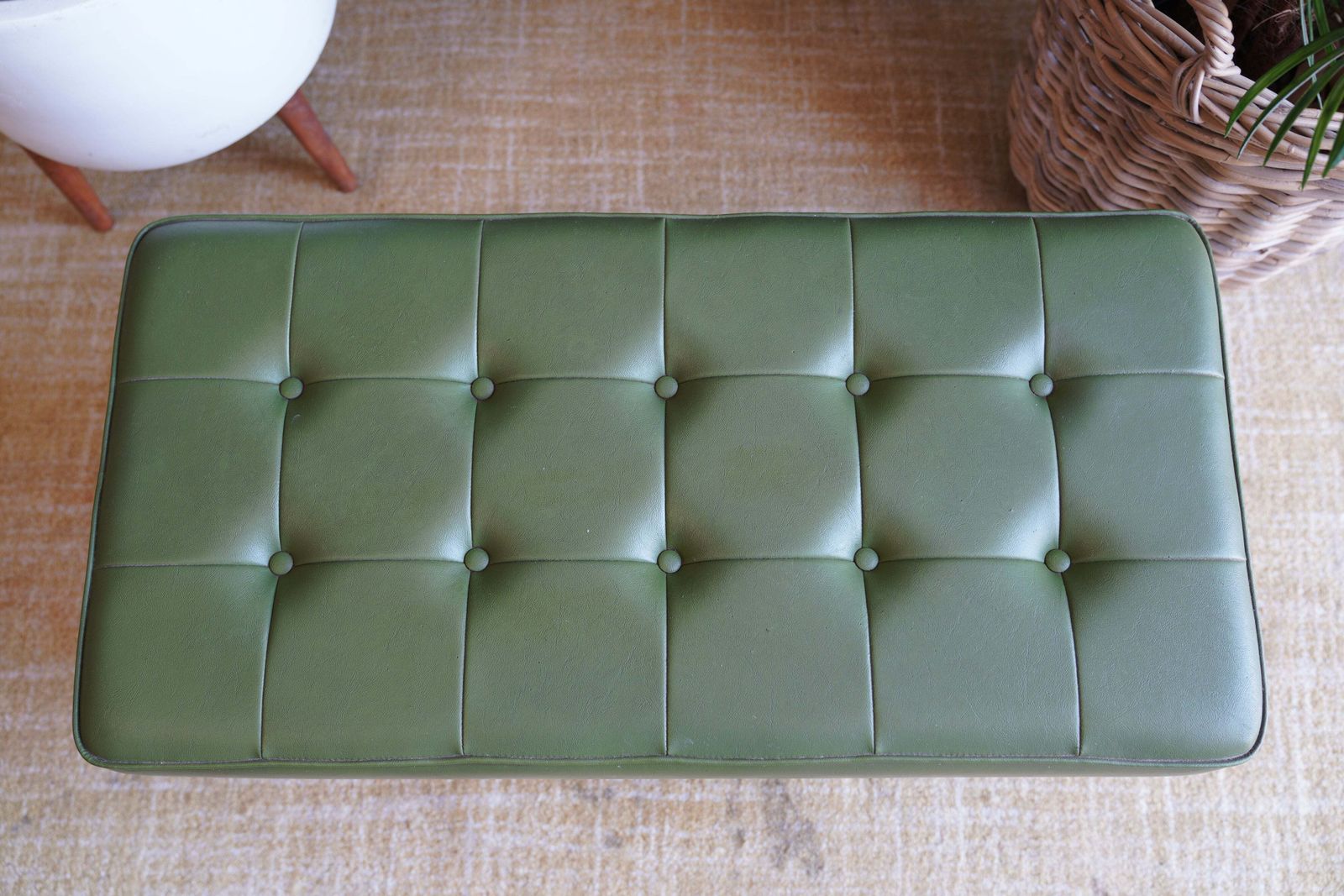 Mid Century Modern Olive Green Vinyl Bench Stool With Tapered Legs photo furniture