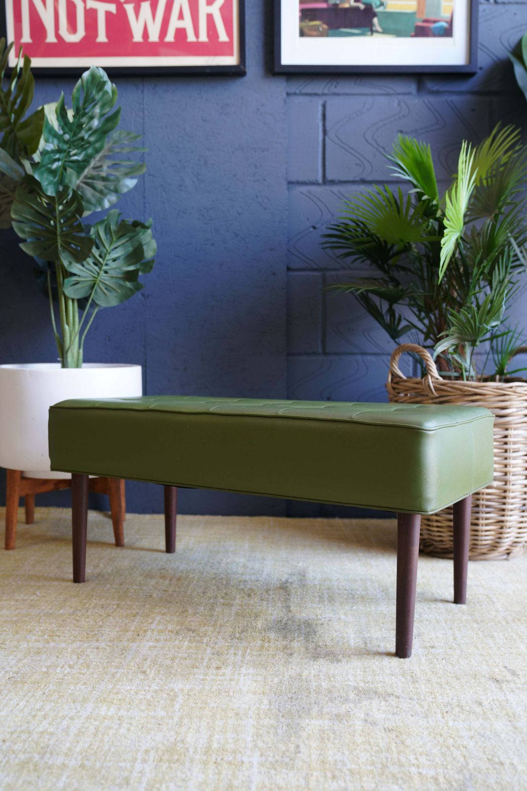 Mid Century Modern Olive Green Vinyl Bench Stool With Tapered Legs photo Furniture