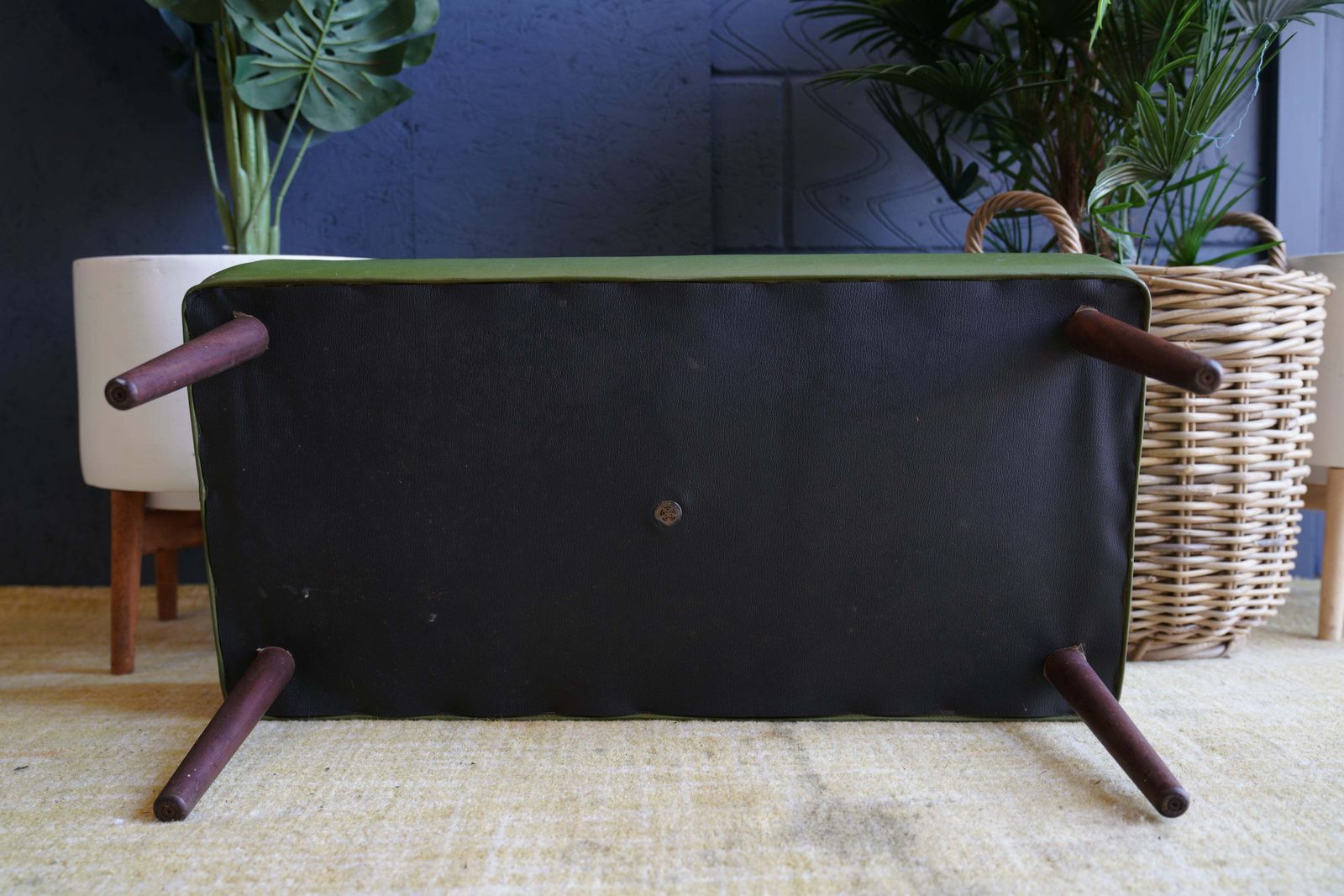 Mid Century Modern Olive Green Vinyl Bench Stool With Tapered Legs photo buy