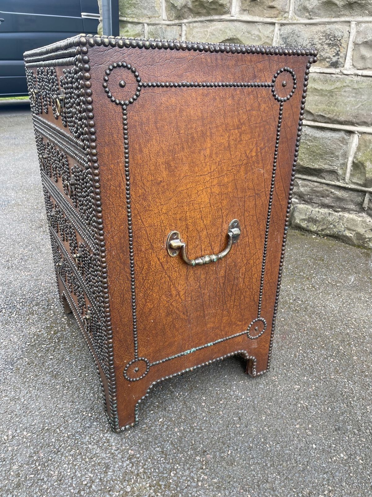 Quality Leather & Brass Studded Chest Of Drawers photo vintage