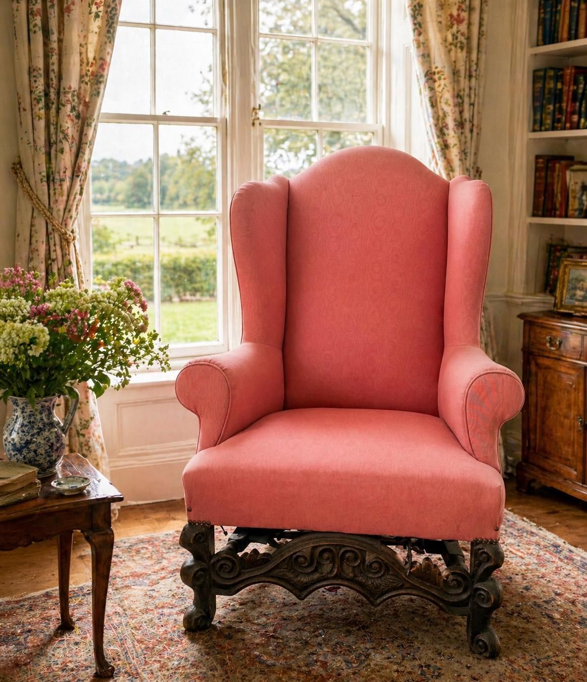 Chair   Carolean Large Wing Back Arm Chair With Carved Oak Base