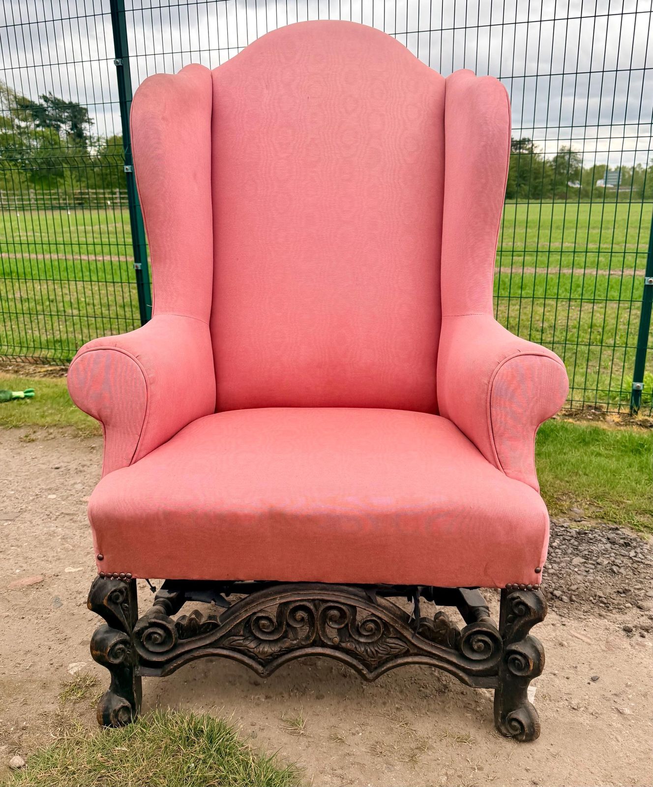 Chair   Carolean Large Wing Back Arm Chair With Carved Oak Base photo for sale