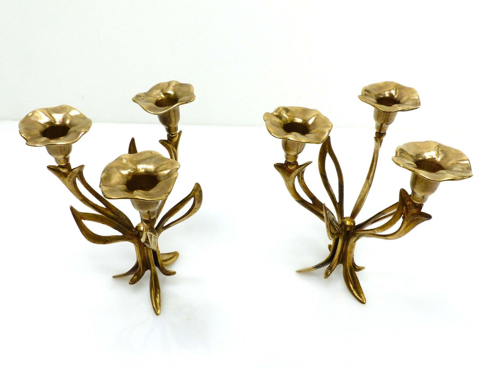 Pair Of Three Light Tripod Brass Candlesticks With Organic Floral Decoration, Circa 1960–1970