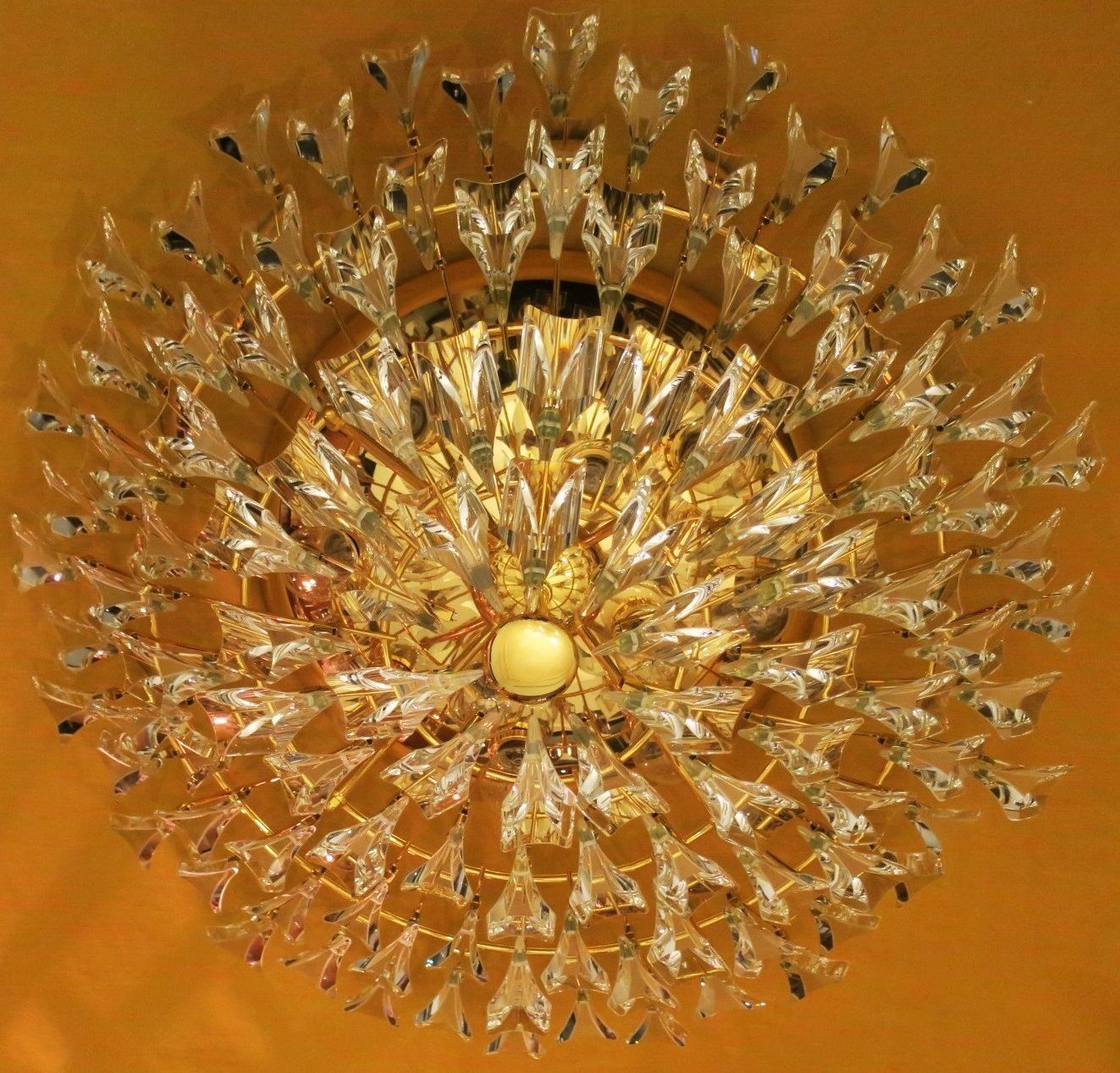 Stilkronen Gold Plated Brass And Crystal Chandelier, Italy 1970s