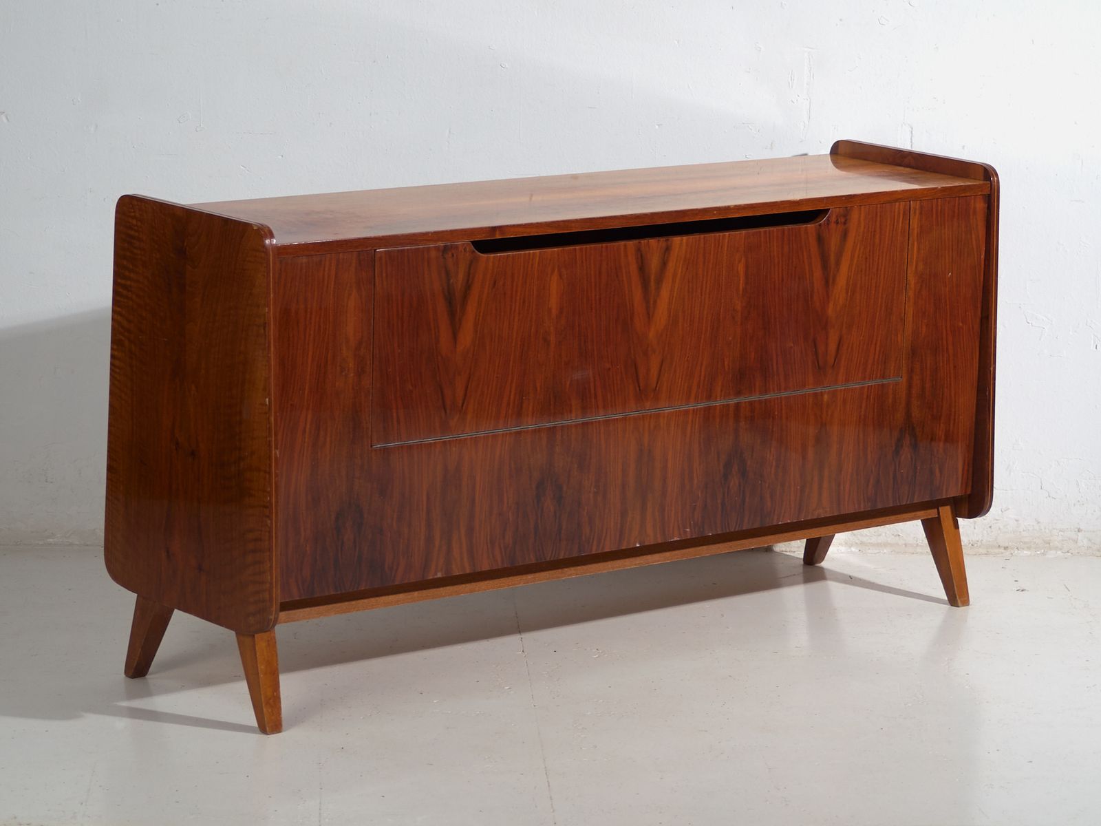 Mid Century Walnut Veneered Sideboard With Tapered Legs – Czechoslovakia, Circa 1960