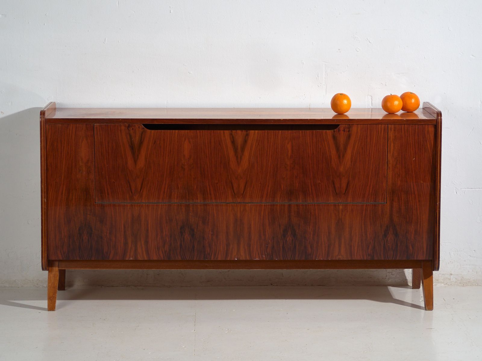 photo for sale Mid Century Walnut Veneered Sideboard With Tapered Legs – Czechoslovakia, Circa 1960