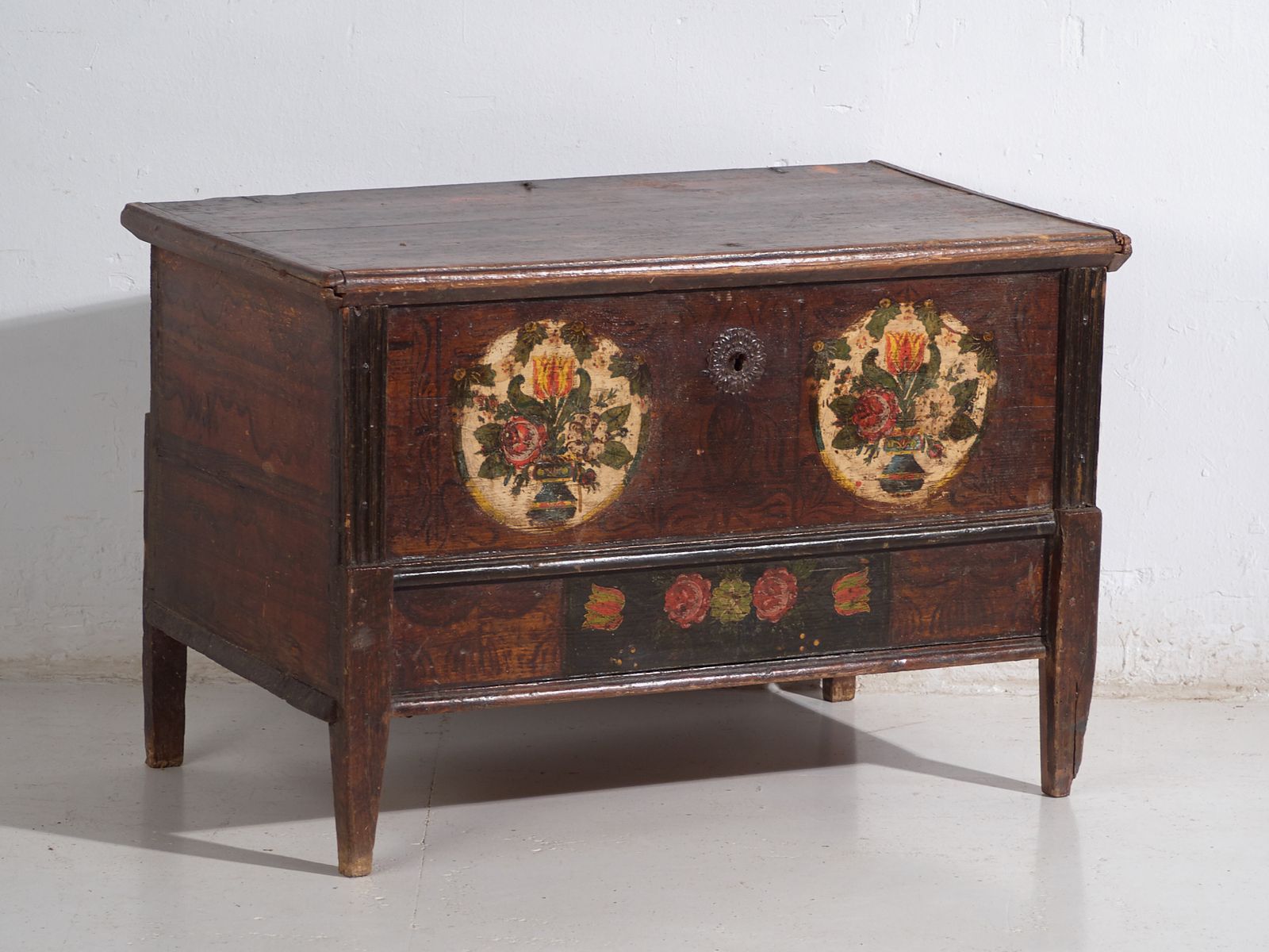 Antique Central European Polychrome Pine Dowry Chest With Floral Cartouches – Tyrol, Circa 1890