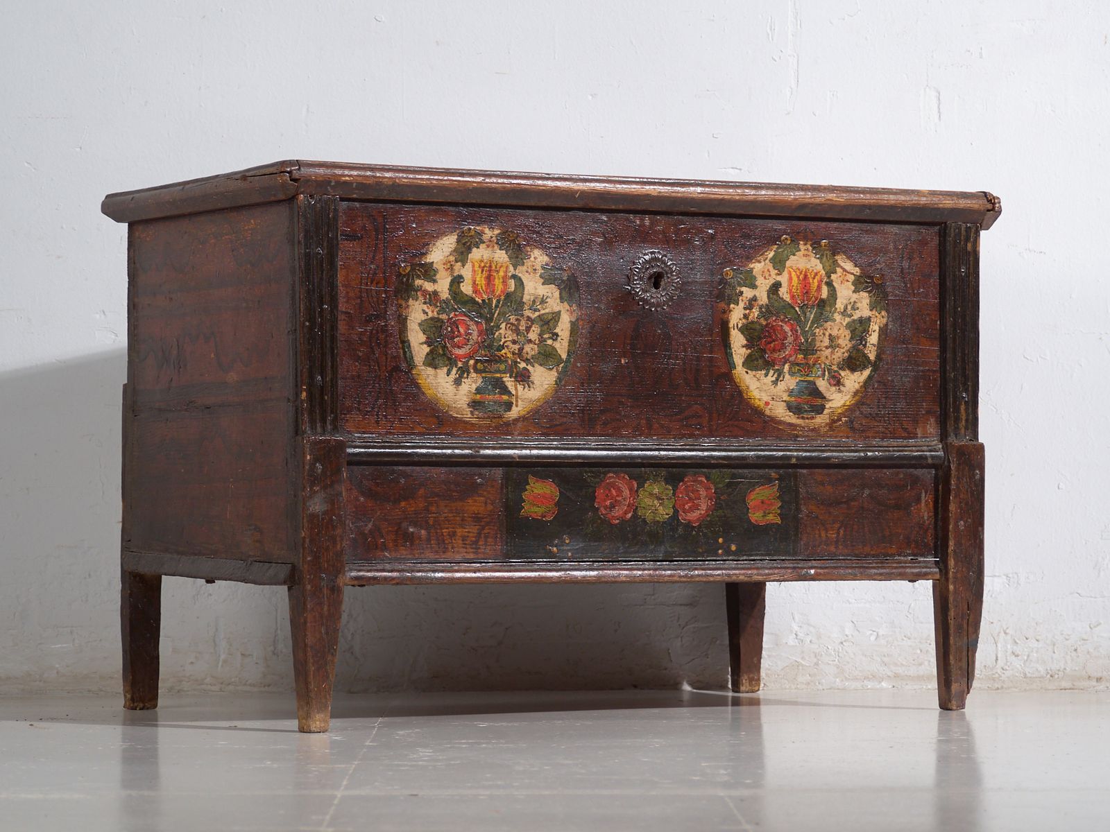 Antique Central European Polychrome Pine Dowry Chest With Floral Cartouches – Tyrol, Circa 1890 photo furniture